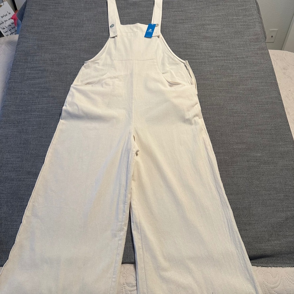 Cupshe Overalls Women XL Cream New Wide Leg Textured Bib Jumpsuit Side Zip